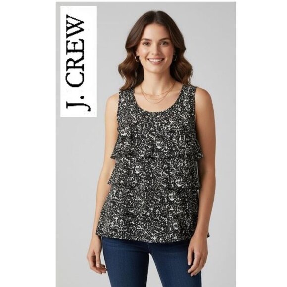 J. Crew, 100% silk black and white sleeveless tiered ruffle blouse - Picture 1 of 10